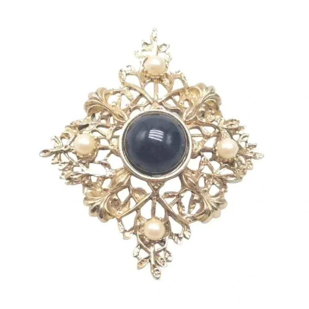 Faux Pearl Black Acrylic Cabochon Filigree Brooch Pin Gold Tone Vintage